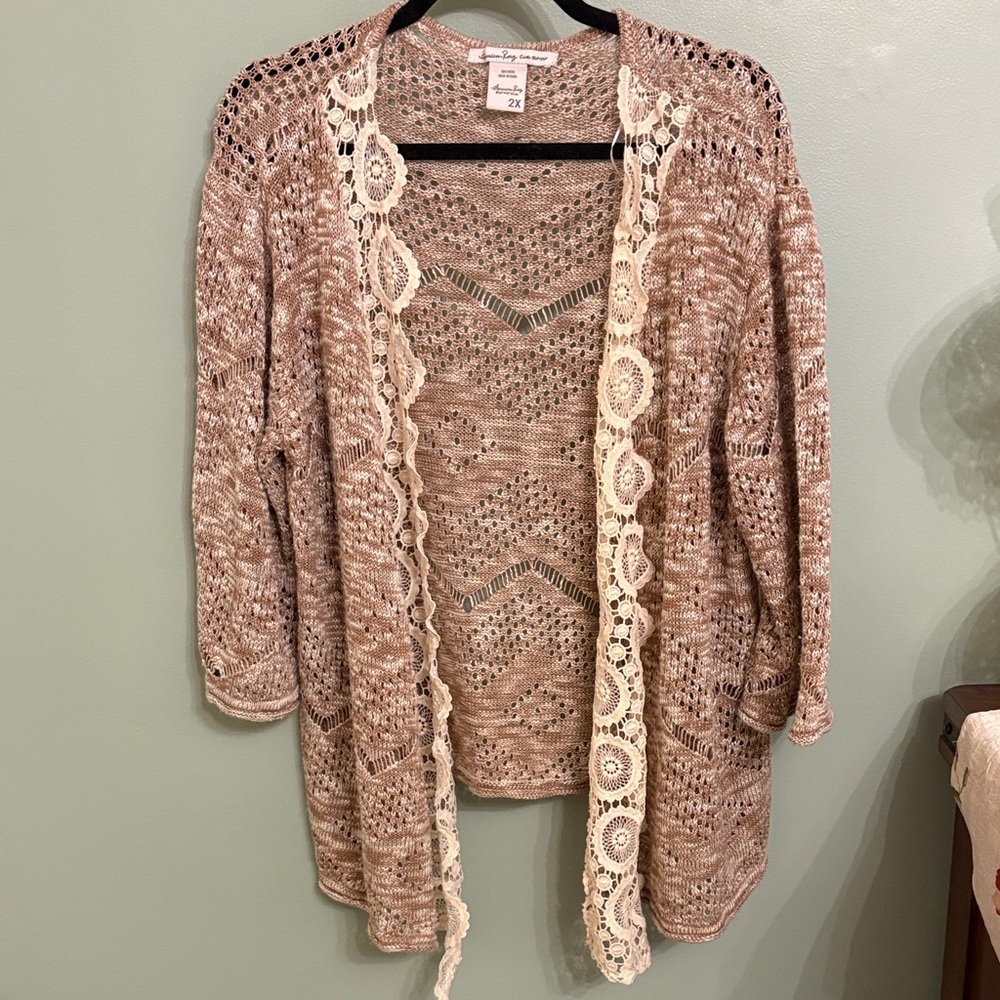 American Rag Brown Open-Front Cardigan with Cream Lace